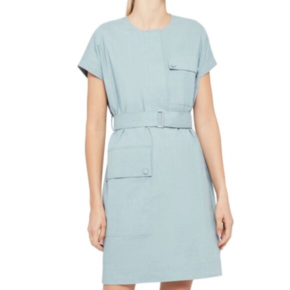 Theory Short Sleeve Utility Dress Womens Size 8 Eggshell Blue MISSING BELT STAIN - Picture 2 of 14